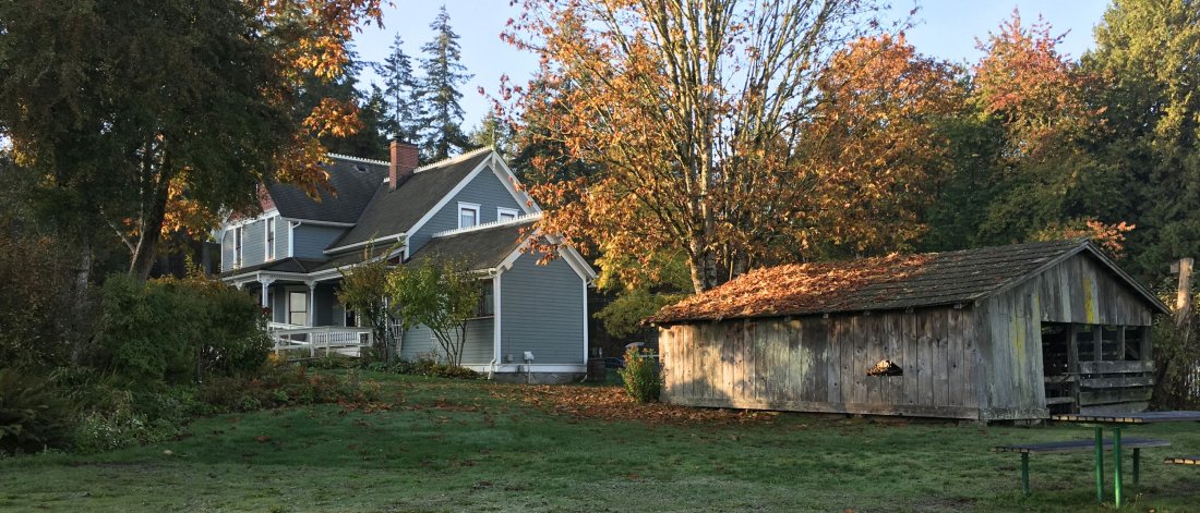 The farmhouse and woodshed in autumn