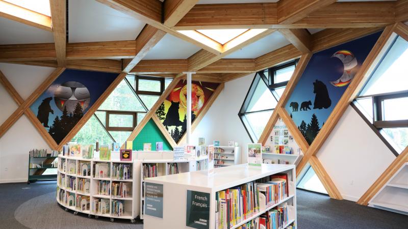 Indigenous nightscape painting on a library wall