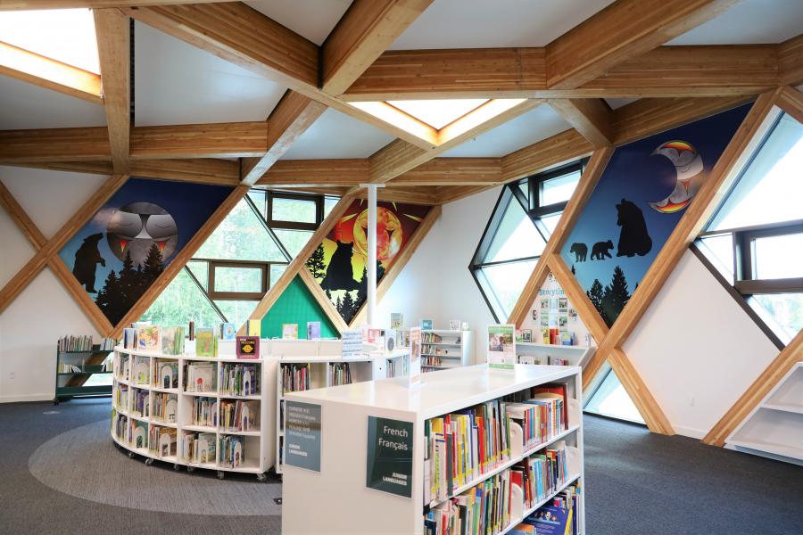 Indigenous nightscape painting on a library wall
