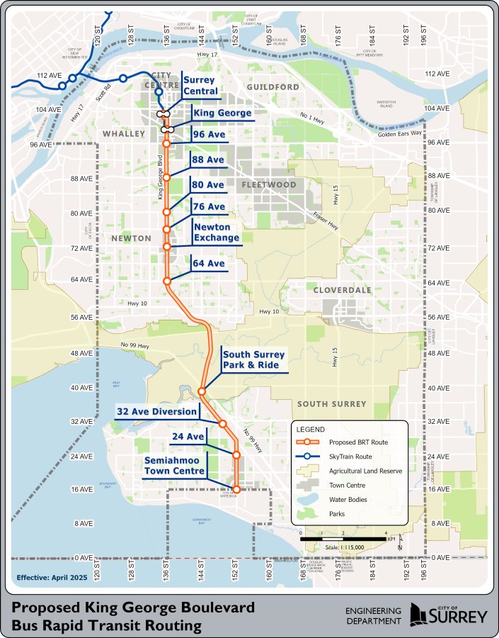 map showing proposed bus rapid transit route in surrey