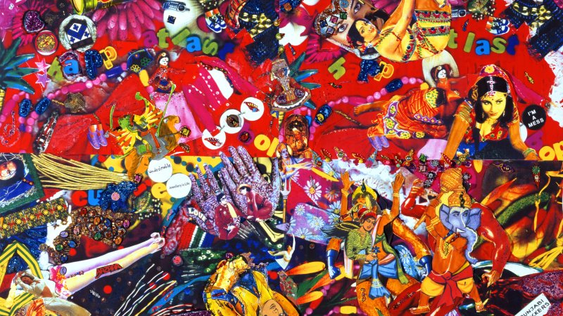 Bollywood film actresses are juxtaposed with Hindu goddesses in a colourful collage full of glitter, sequins, and beads. 