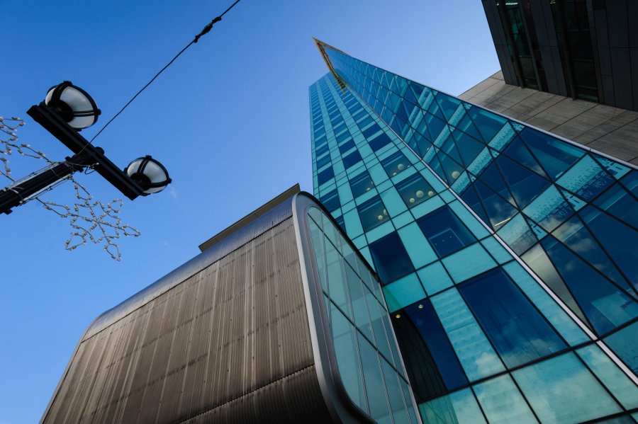 Looking up at SFU office tower at City Centre from below