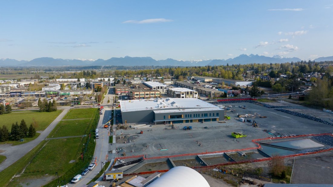 Cloverdale Sport and Ice construction aerial and neighbourhood April 2025