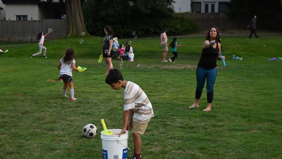 famlies play with sporting equipment in field