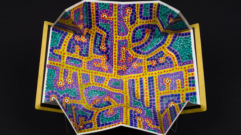 Art book by Cora Li-Leger features overhead map of Surrey suburb drawn in yellow, blue, green, and purple, patterned with hundreds of small dots