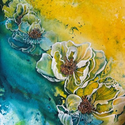 A group of white flowers clustered in a curving line. Towards the left bottom hand corner of the image are blue and green gradients of colour, while the top right corner of the image is a buttercup yellow with some flecks of darker colours. The colours are not even but appear to be smeared on in some areas, while others have white beneath.