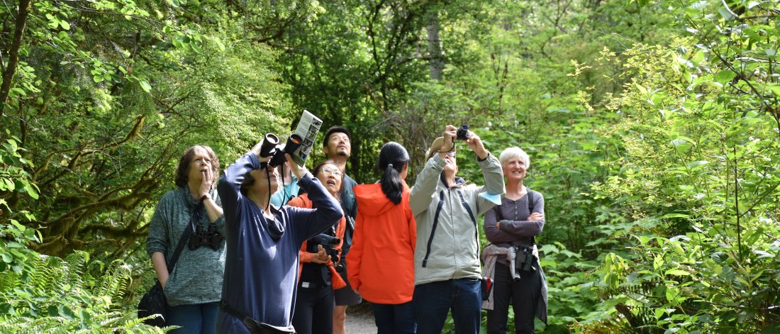 People looking up with binoculars.