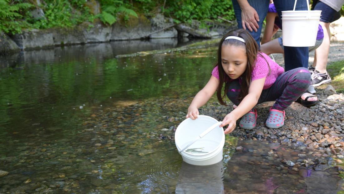 A kid holding a bucket with a fish.
