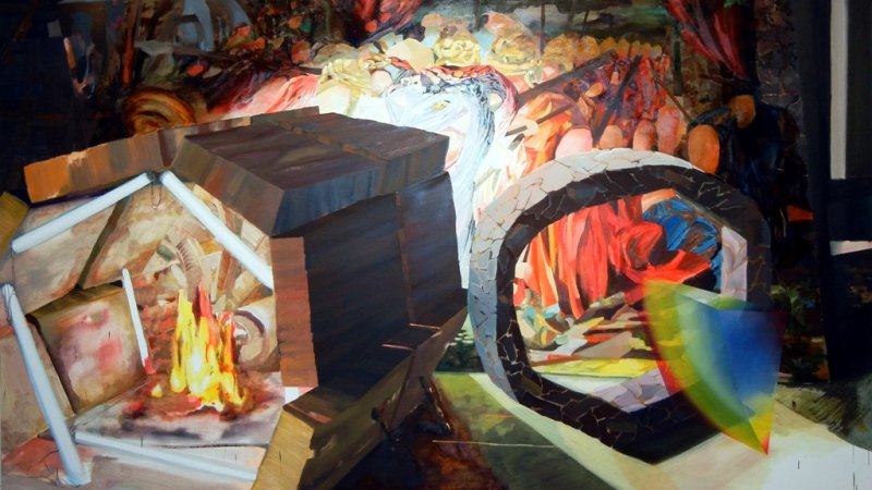There are eight woodblocks that form a tunnel structure over a small fire on the floor with white cylinders of light leaning inside the tunnel. To the right of the woodblocks is a stone circle with a rainbow prism floating in front. Behind these structures are humanlike blots of various shapes behind. 