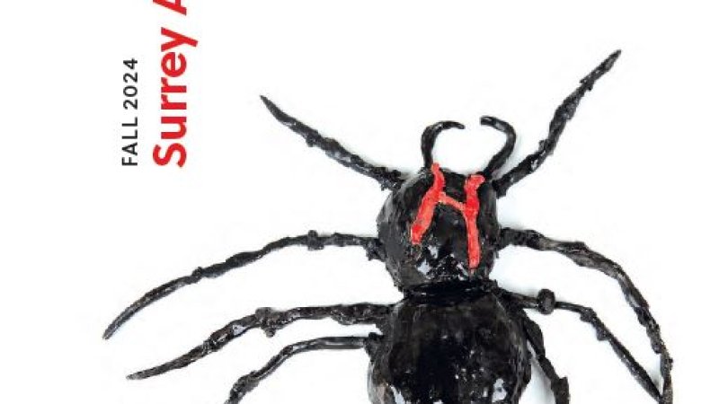 Surrey Art Gallery's Fall 2024 Program Guide cover featuring a black ceramic spider with the letter H in red on its head