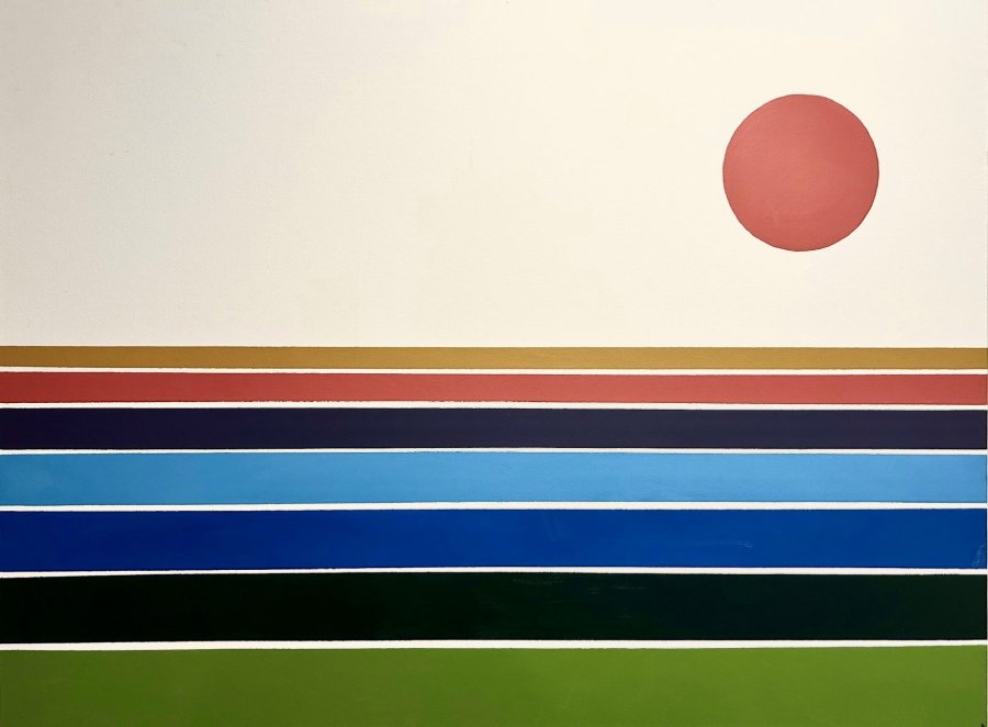 A horizontal colored stripes and a red circle in the upper right corner.