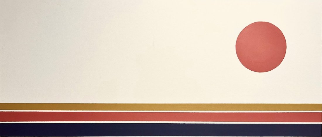 A horizontal colored stripes and a red circle in the upper right corner.