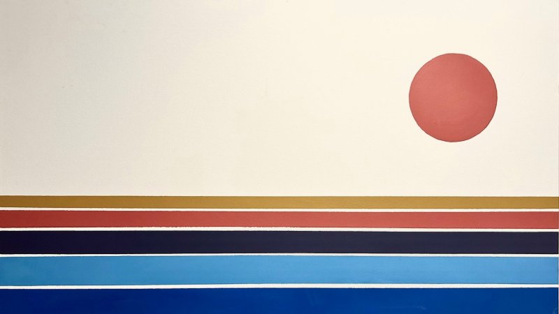 A horizontal colored stripes and a red circle in the upper right corner.