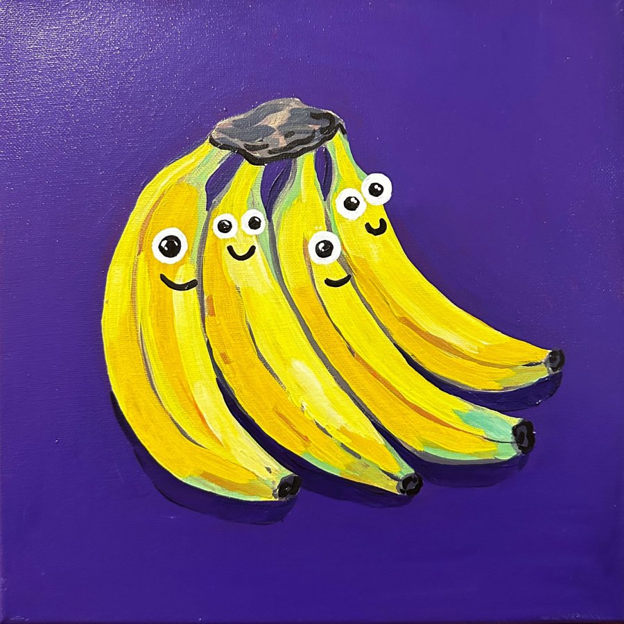 A painting of a bunch of bananas with googly eyes and smiling faces against a purple background.