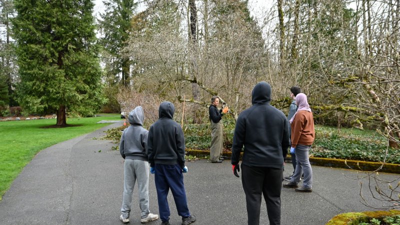 volunteers listen to a gardener