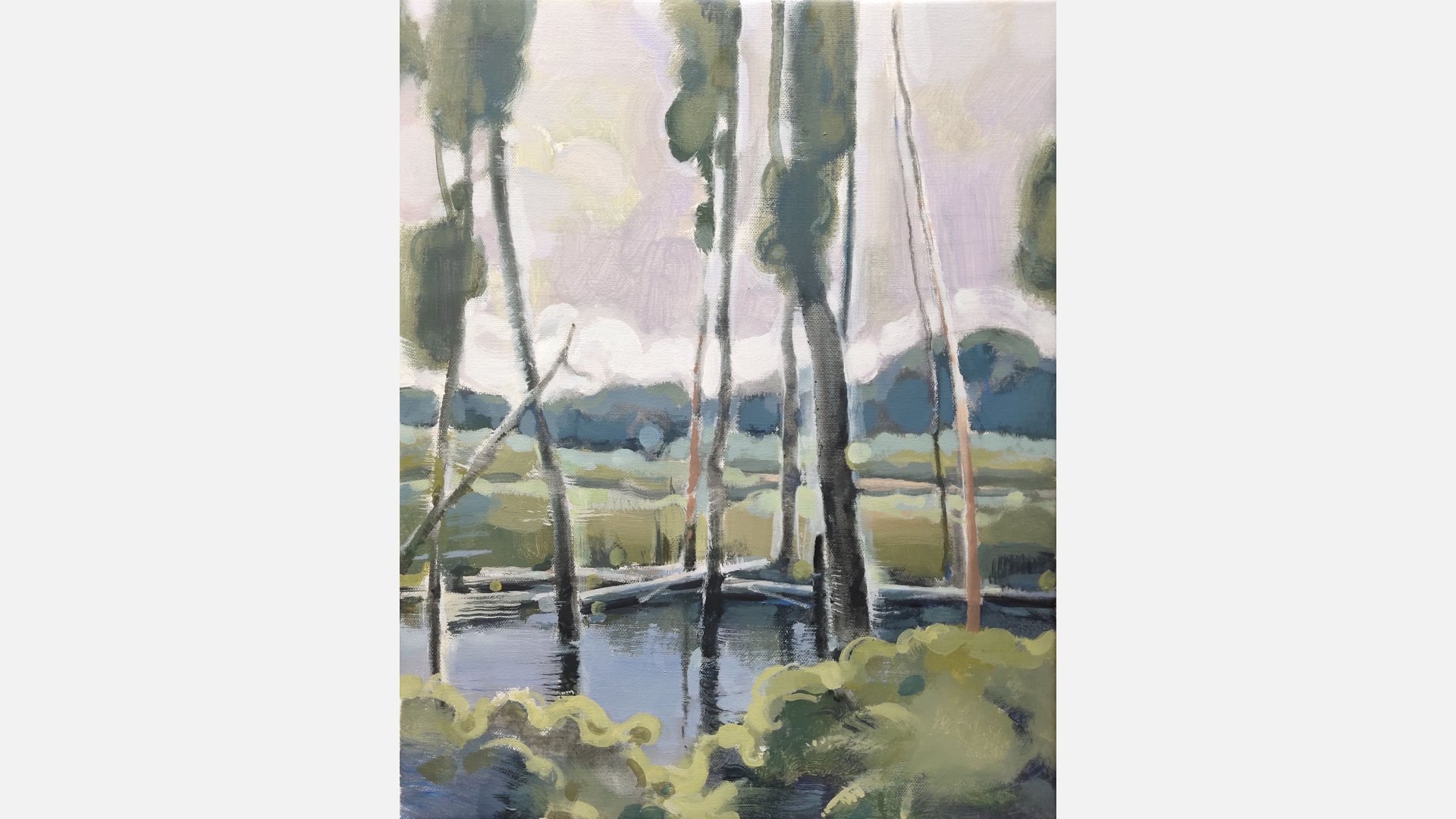 Several trees standing in a swamp with foliage in the foreground and hills in the background. The painting looks slightly out of focus, a soft blur to the edges.