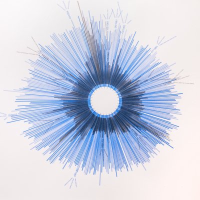 An inforgraphic in the shape of a circle that appears to resemble a blue human eye. The circle is made up of long lines of blue.