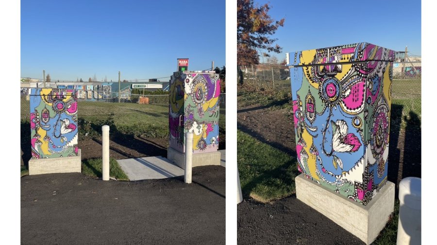 A utility box adorned with colorful, intricate patterns stands at the edge of a path with a clear blue sky overhead.