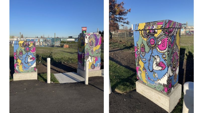 A utility box adorned with colorful, intricate patterns stands at the edge of a path with a clear blue sky overhead.