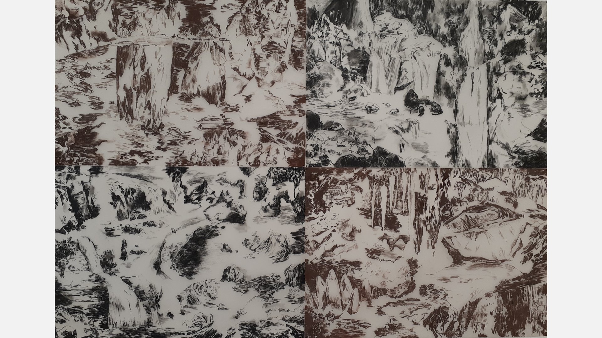 A vellum paper divided into four equal squares showing black, brown, and white images of rushing water over trees and rocks.