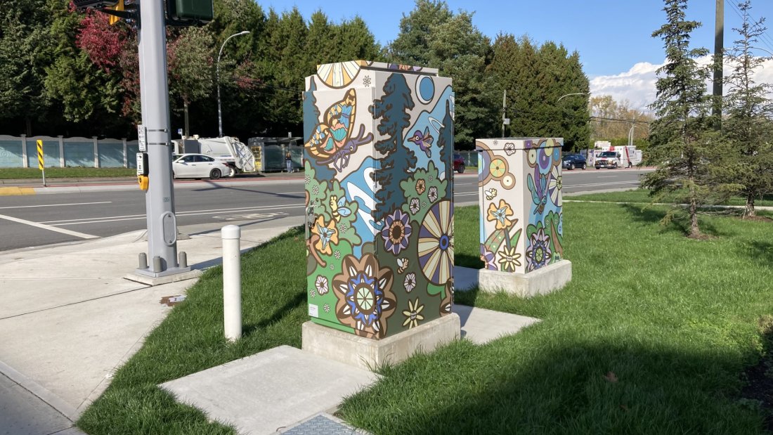 Decorated utility boxes featuring colorful floral and animal-themed artwork, situated in a green space near residential buildings.