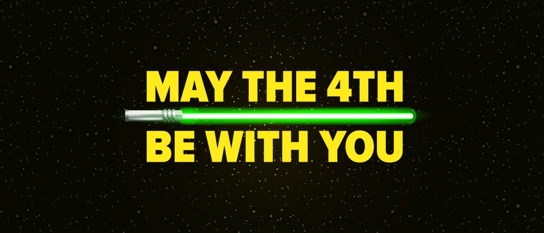 star wars themed text saying "May the 4th be with you", with a lightsaber between lines