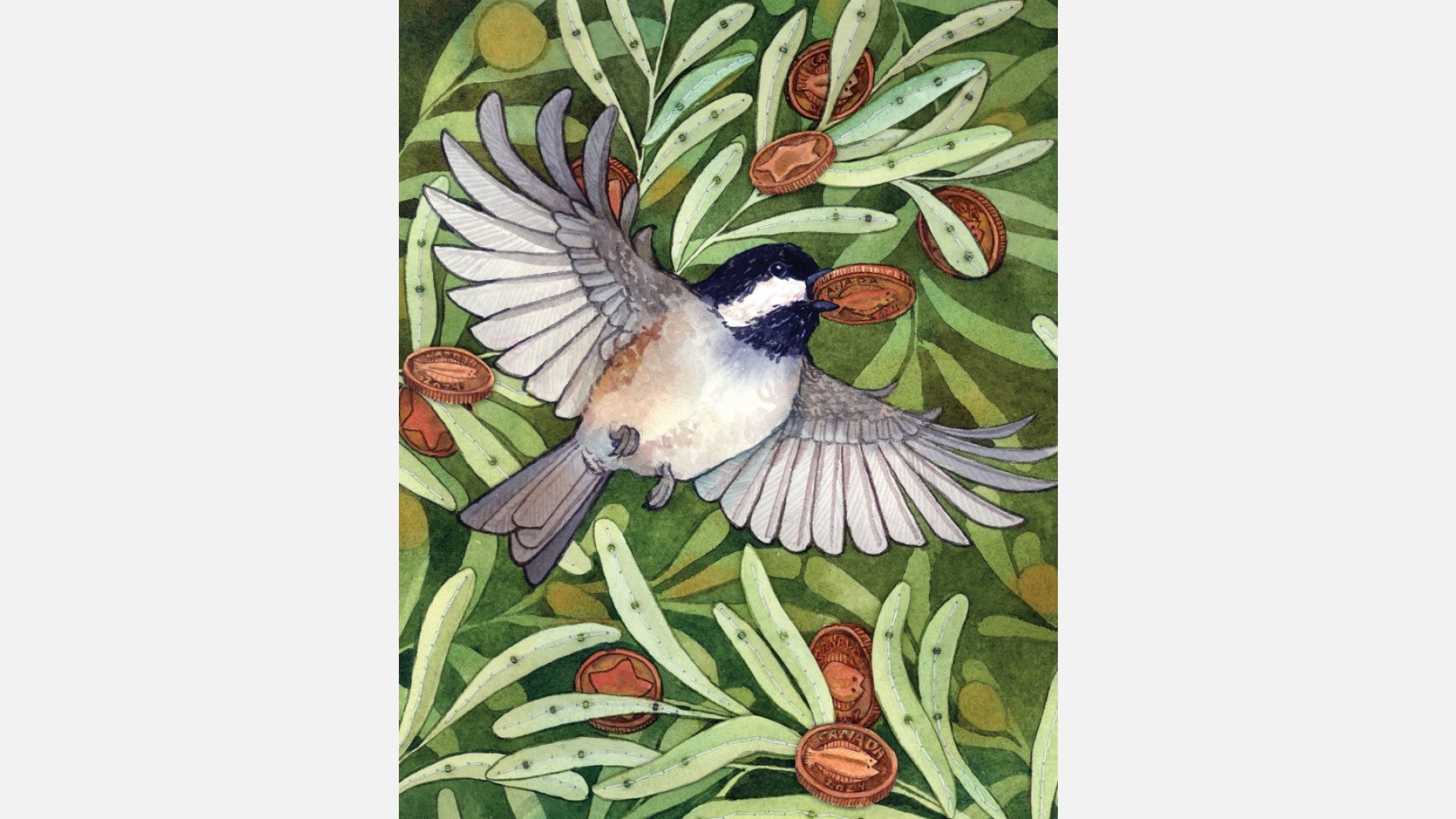 Watercolour and embroidery artwork of a small white and navy blue bird in flight against an olive tree.