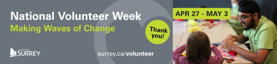 a graphic advertising National Volunteer Week with the subtitle "Making Waves of Change". The surrey.ca/volunteer link is highlighted, and a volunteer working with a child is pictured.