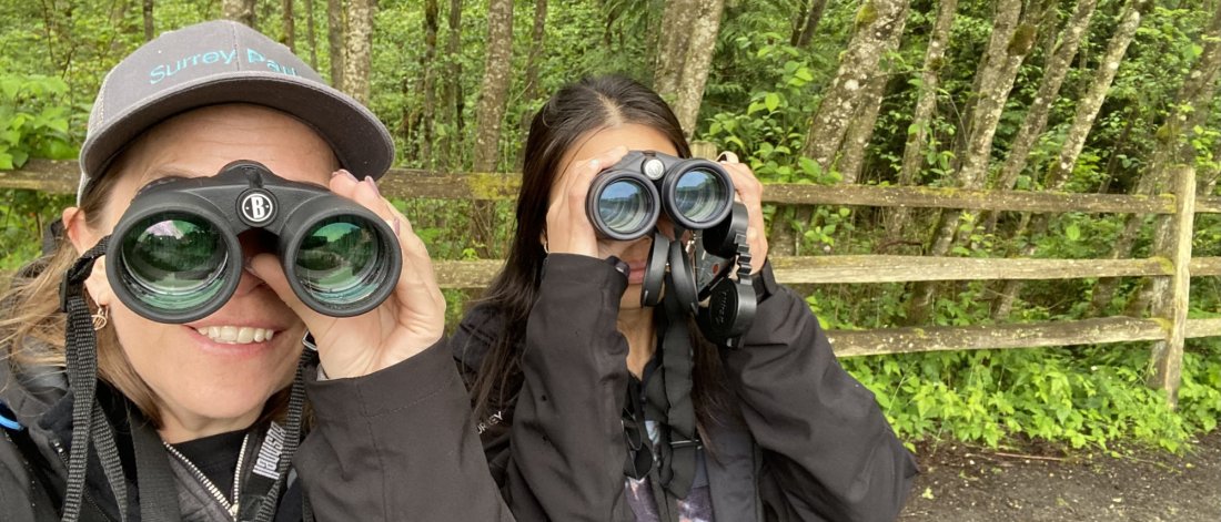 Two women using binoculars. Background is of a trail with trees and a wooden fence.