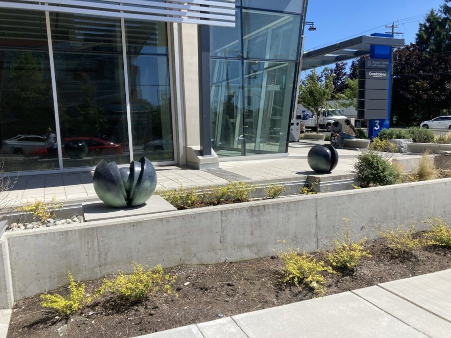 Two abstract sculptures resembling seed pods sit in a modern plaza with shrubs, and a reflective glass building in the background