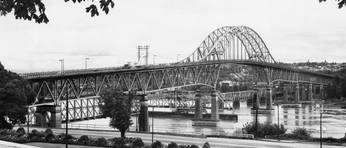 A 1950 view of the Pattullo Bridge from New Westminster side