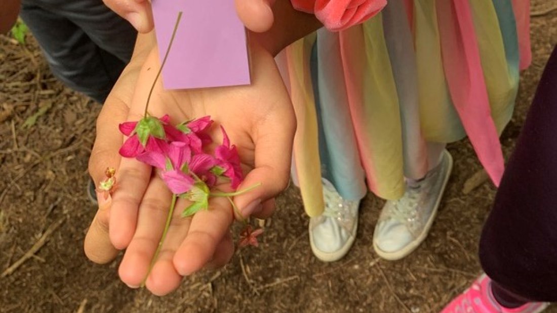 student holding rainbow chip and natural material