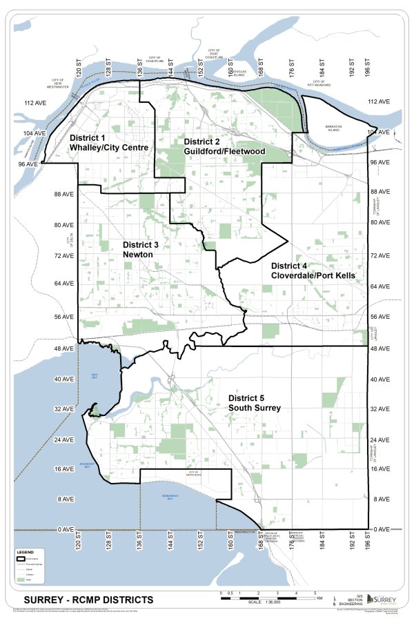 Map showcasing the 5 police service Districts in Surrey