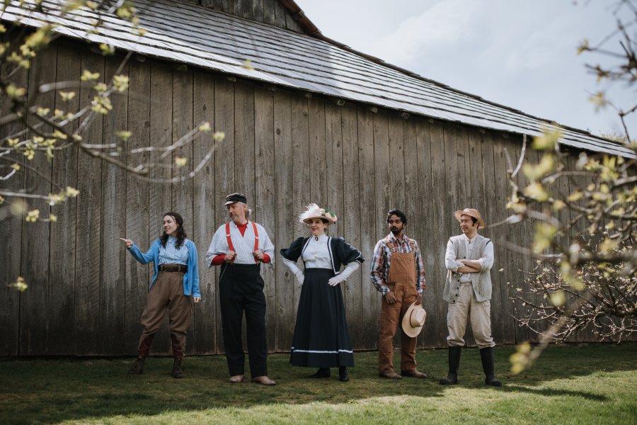 The Re-enactors outside the pole barn at Historic Stewart Farm