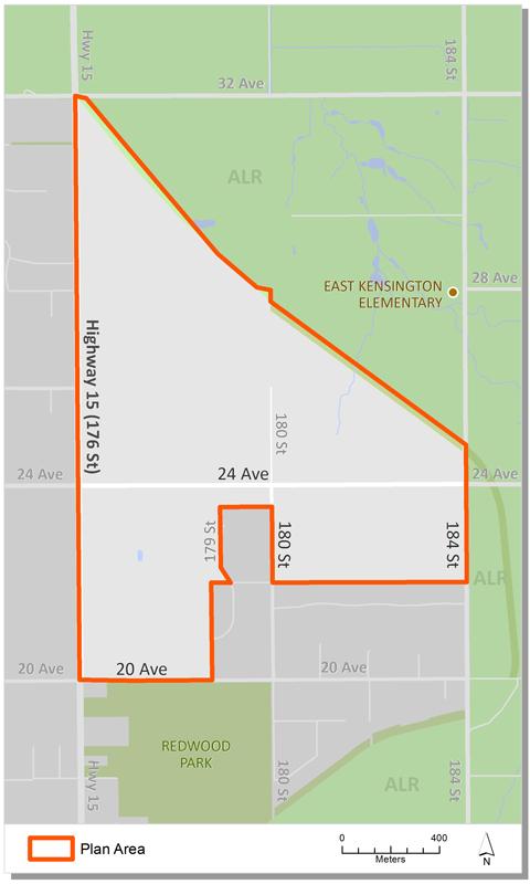A line map outlining a portion of Highway 15, 20th Ave and 184 St.