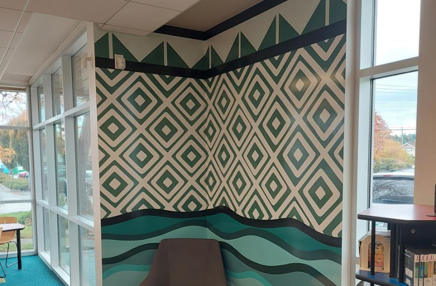 Vinyl wrap artwork of blue and green waves and diamonds