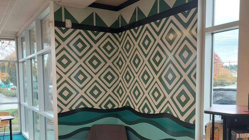 Vinyl wrap artwork of blue and green waves and diamonds