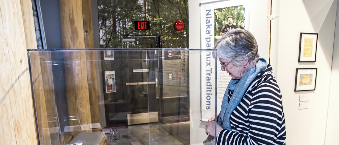 senior looks at exhibit
