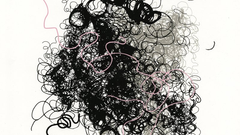 Black squiggly lines appear in a circular blog. A pink squiggly line weaves through it. Resembling hair. A bobby pin appears near the bottom o the image.