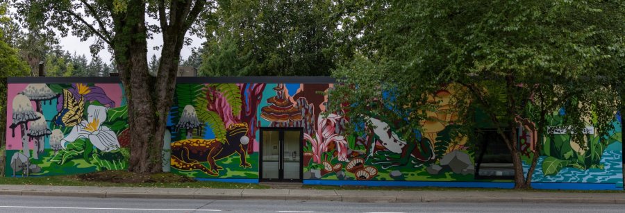 Wide mural featuring vibrant nature scenes with mushrooms, plants, animals, and a frog, covering the side of a building.