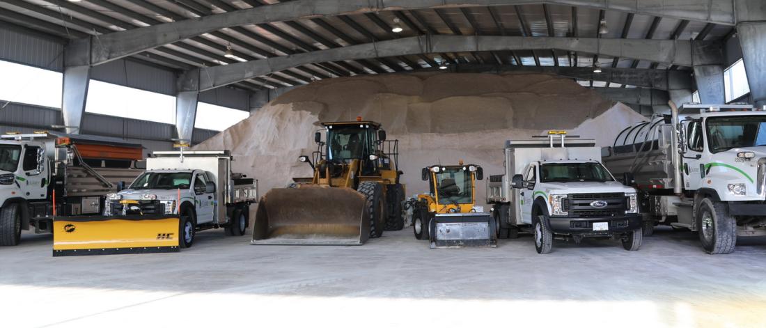 A lineup of snow ploughs at the Ops Centre