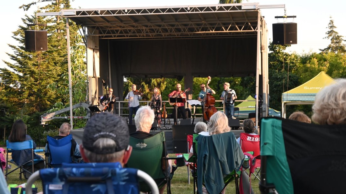 a band plays on an outdoor stage