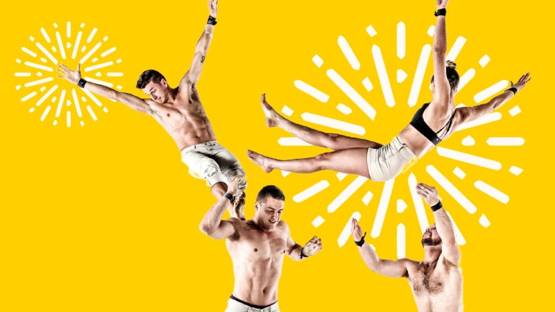 four acrobats on a yellow background and spark graphic elements
