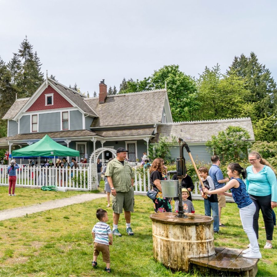 People gathered at the farm in spring