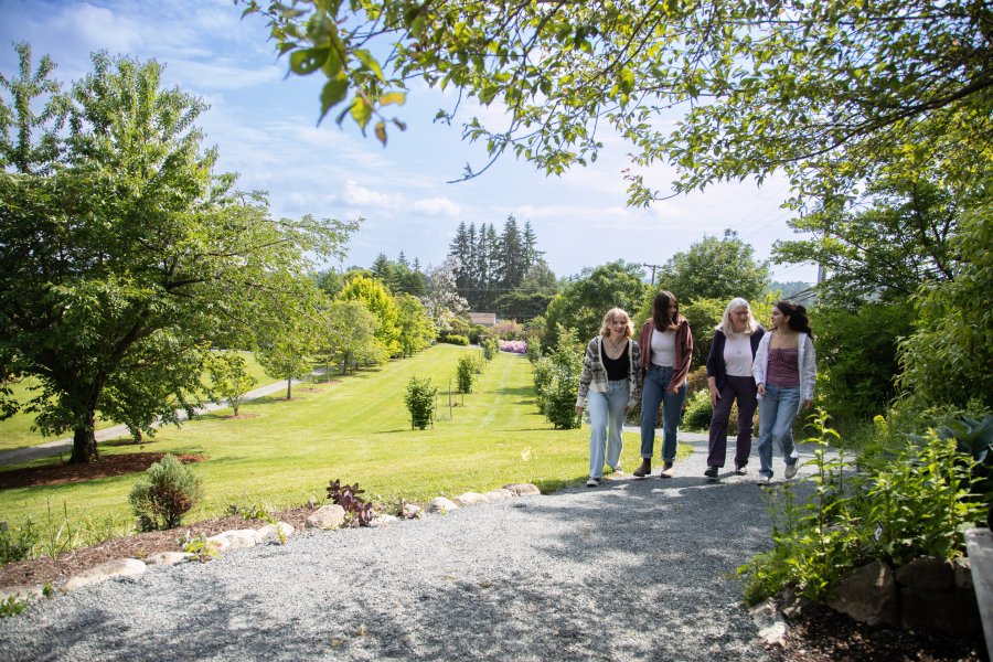 People walking along a pathway in Darts Hill Garden Park on a sunny day.