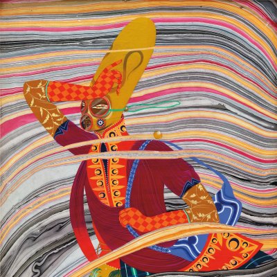 A futuristic figure wearing a long, cylindrical headpiece and patterned clothes looks towards the left of the painting against a backdrop of colourful swirls.