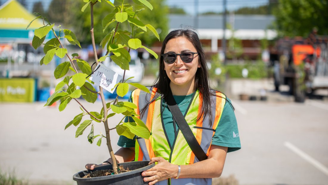 a smiling worker taking part in the tree sale event
