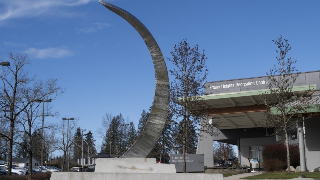 The Living Fraser River art piece outside Fraser Heights Recreation Centre