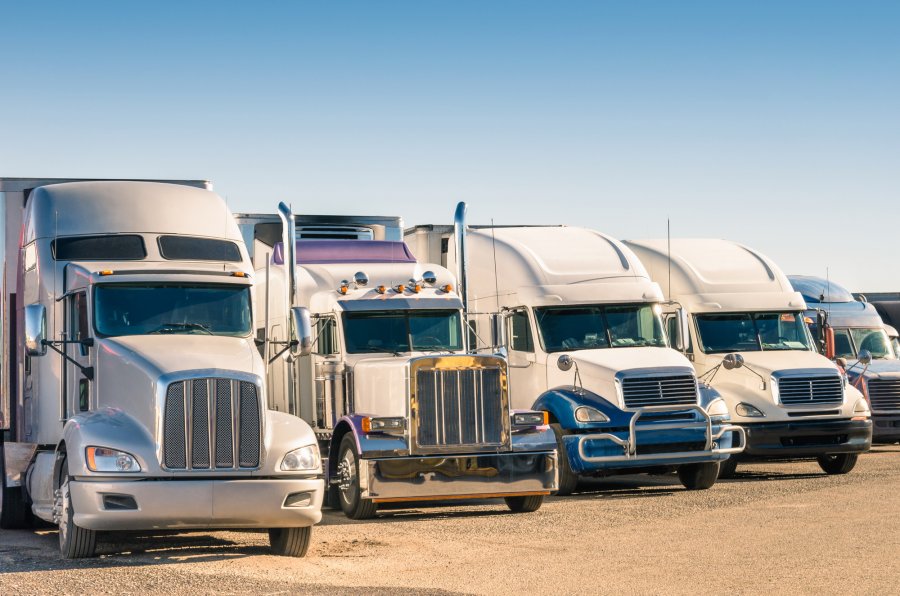 Row of semi trucks parked