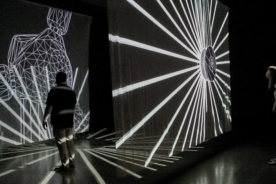 Two people looking at parallel screens showing white shapes on black background